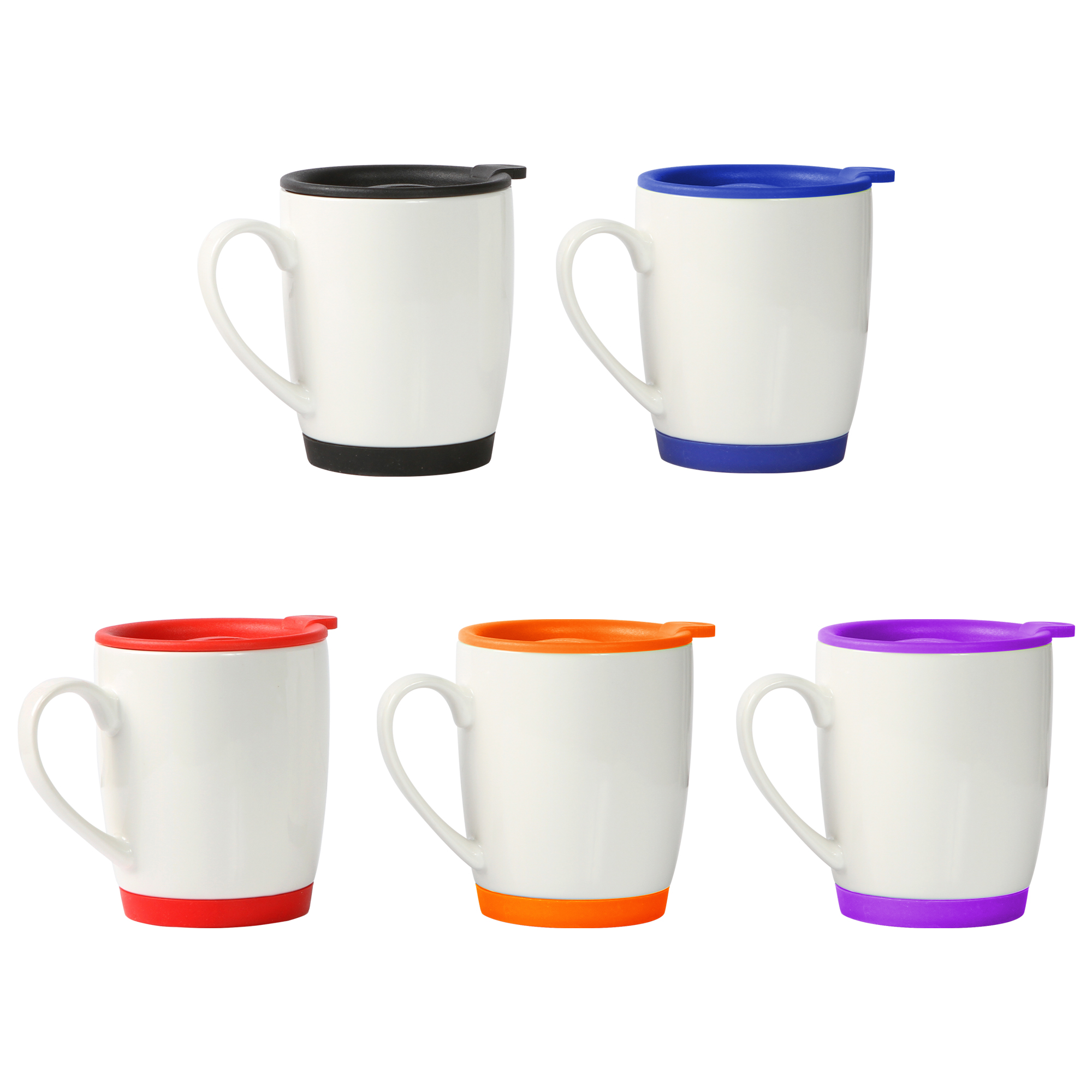 TAZA DE CERAMICA BLANCA CON TAPA Y BASE TIPO RUBBER EN COLOR E534
